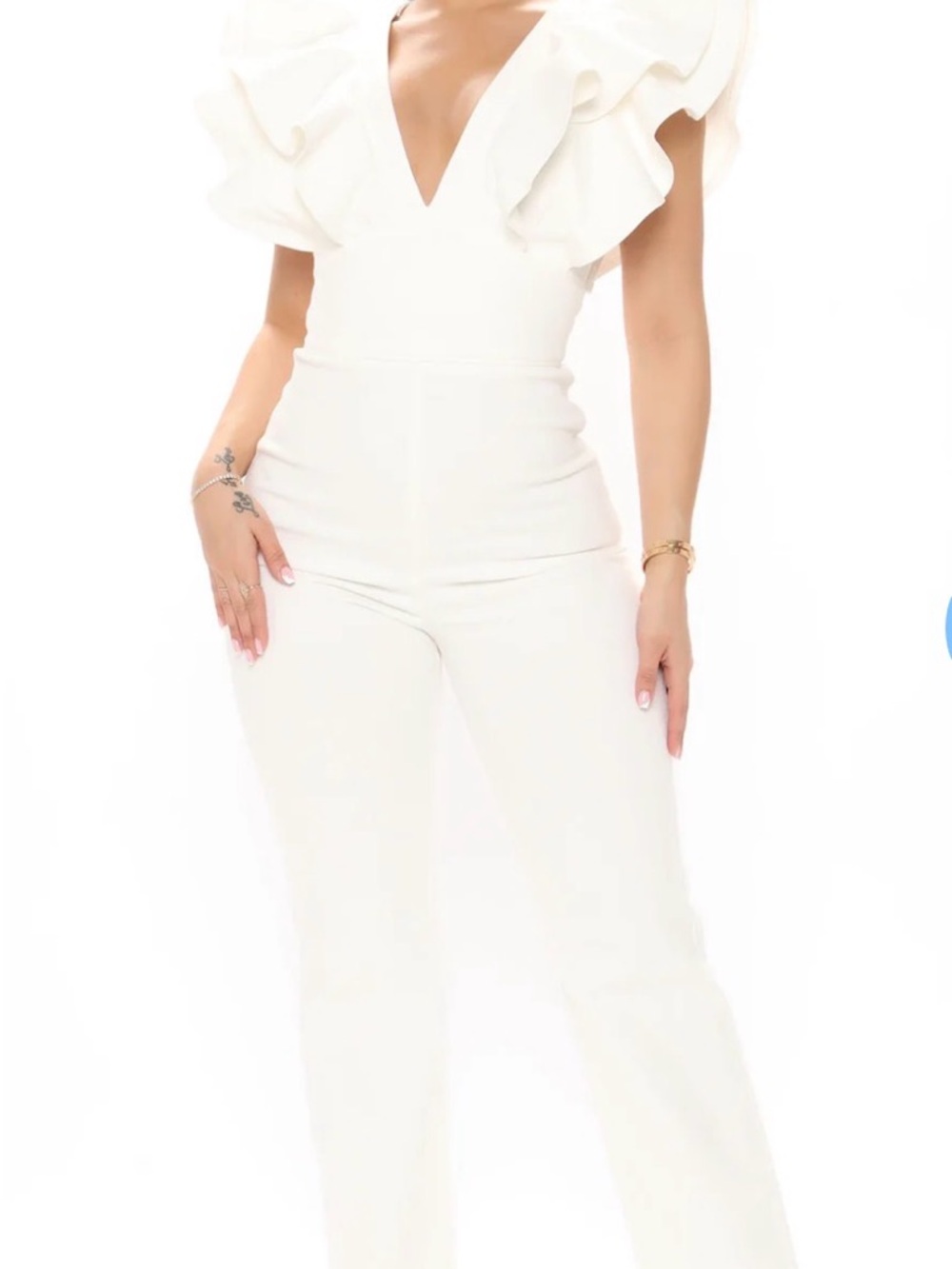 Fashion Nova Ivory Ruffle V-Neck Jumpsuit